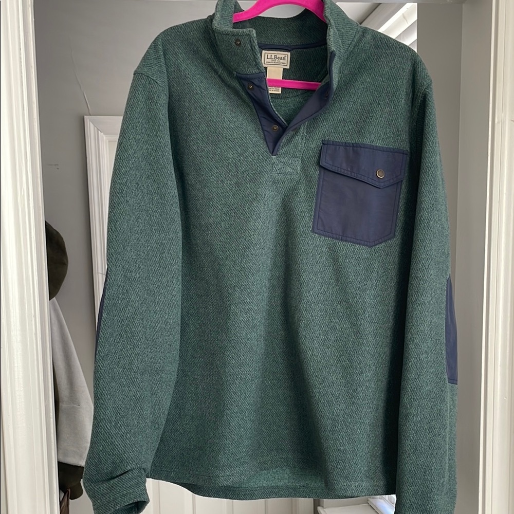 Green Pullover with Navy Accents